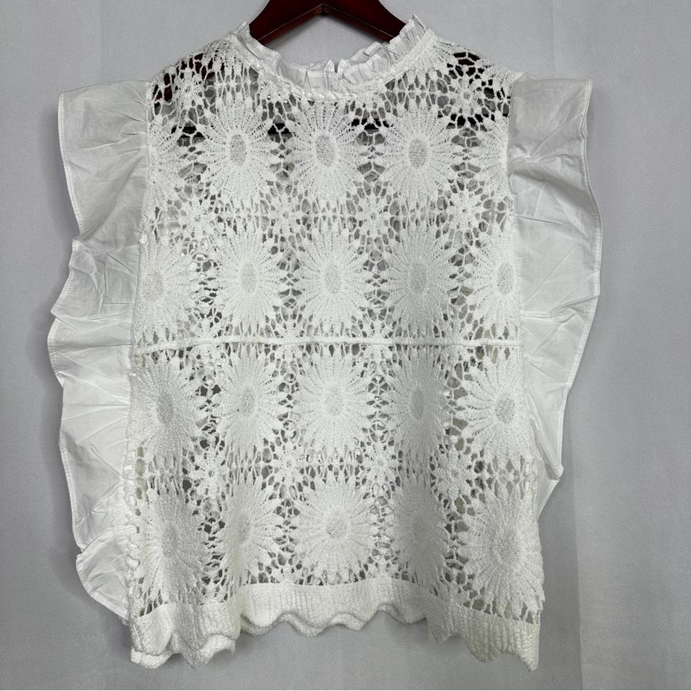Vivid Lace Blouse Tank Top Summer Womens Floral Crochet Medium Cropped White